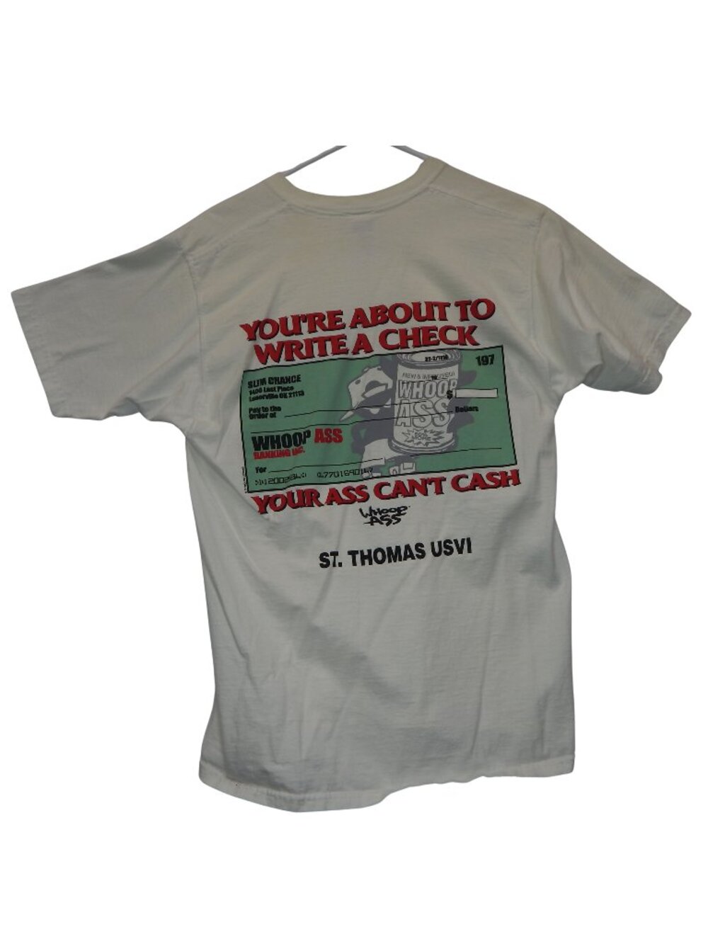 Vintage 1990s Whoop Ass Bank Check T-Shirt St. Thomas USVI White Graphic Tee - M